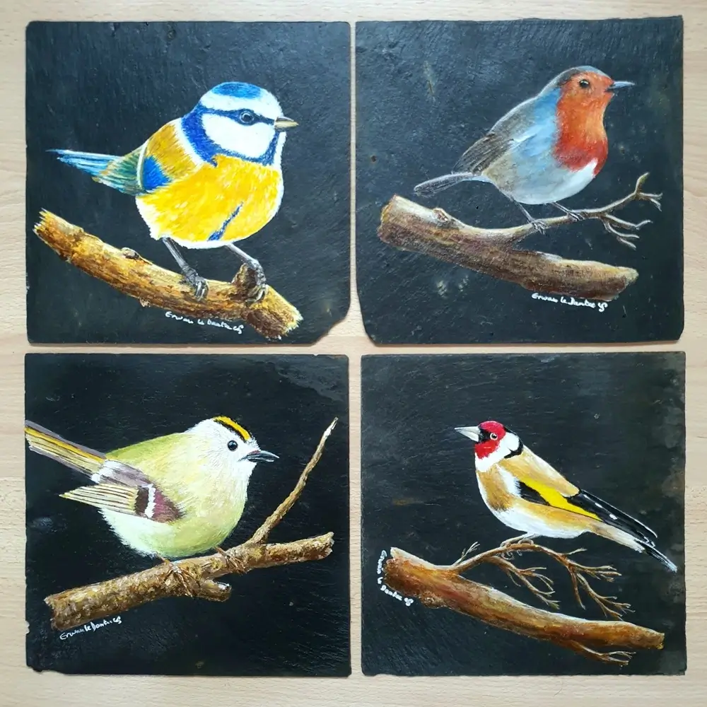 4 ardoises peintes d'oiseaux des jardins