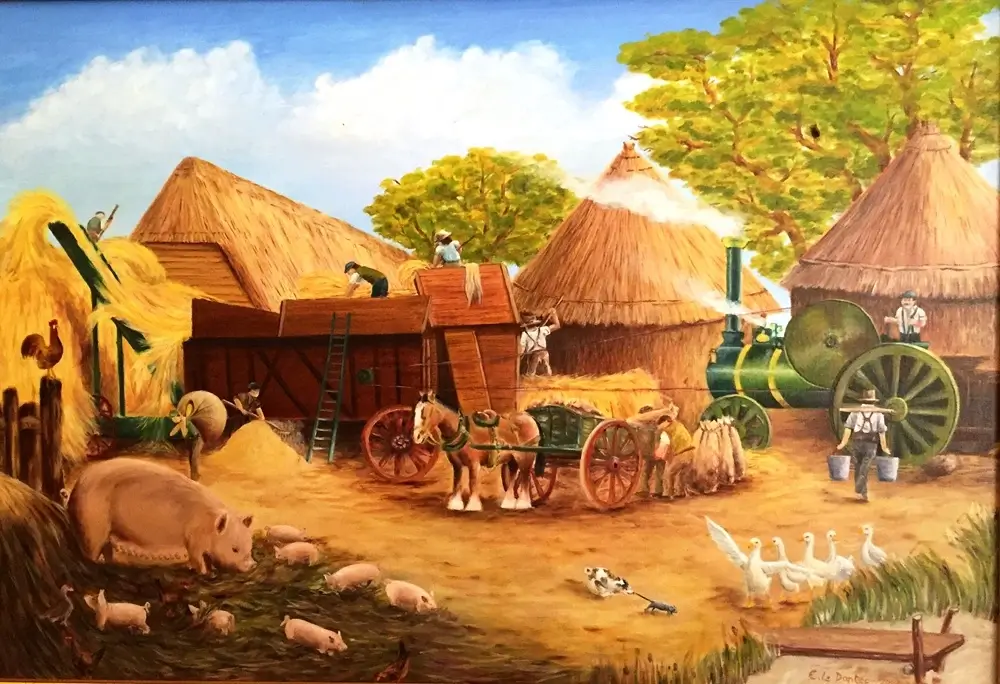 Peinture à l'huile d'un battage de blé à l'ancienne