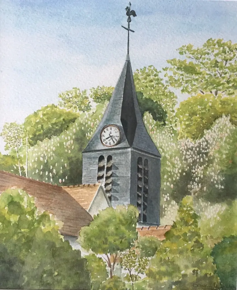 Aquarelle du clocher de Buc au printemps