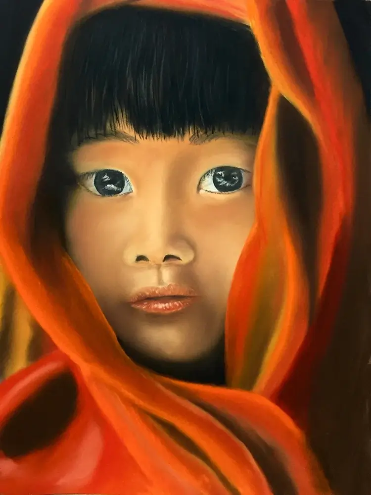 Pastel d'un enfant tibétain avec vêtement rouge