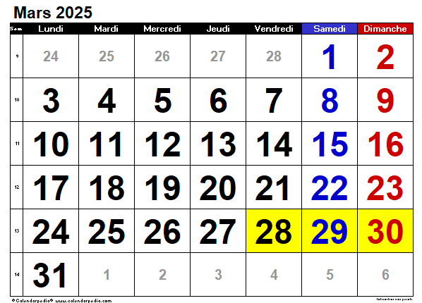Calendrier Mars 2025
