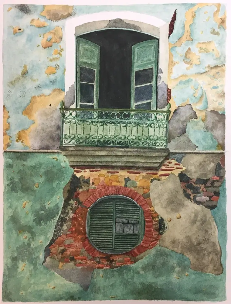 Aquarelle fenêtre et mur délabré en Angola