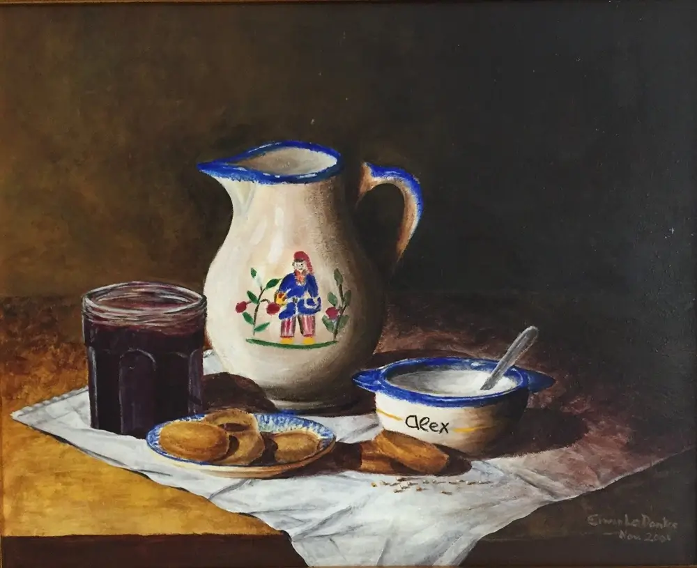 Acrylique gouter breton avec bol de lait et palets bretons