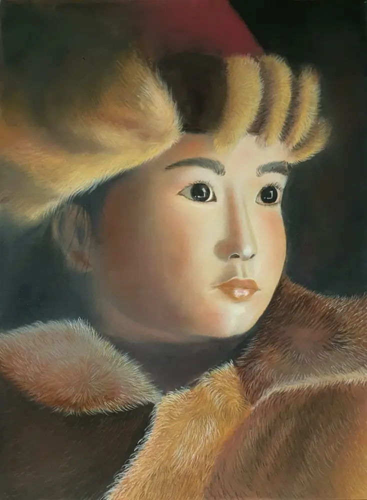 Pastel d'un enfant tibétain avec toque de fourrure