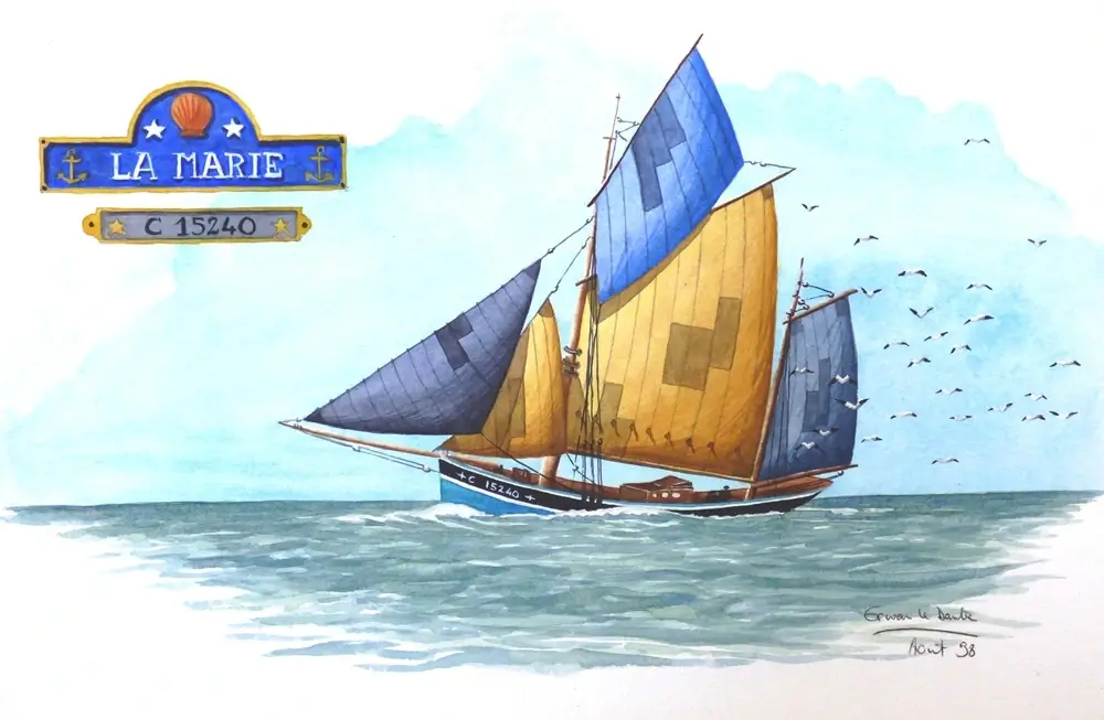 Aquarelle du bateau à voiles La Marie en mer