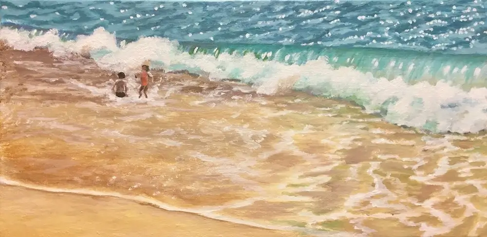 Huile de 2 enfants jouant dans une vague