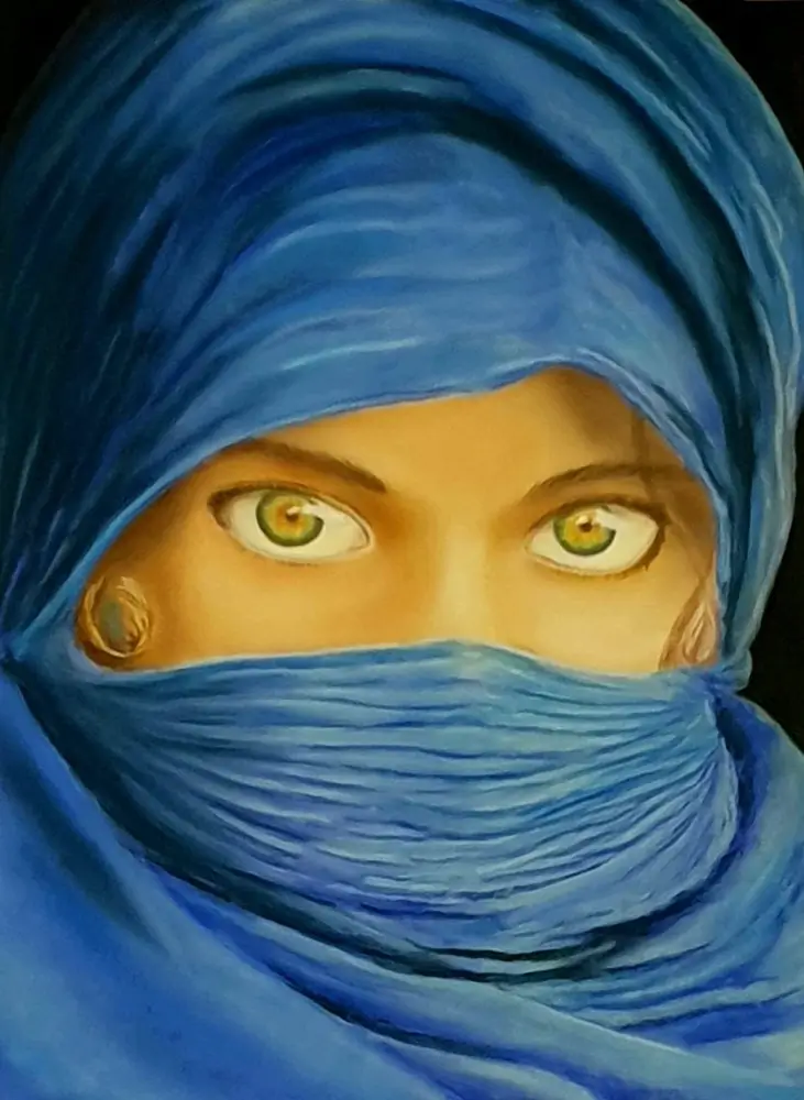 Pastel d'une jeune fille avec un chech bleu