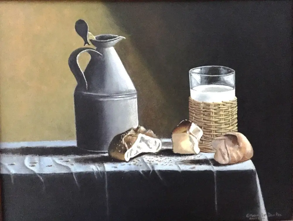 Peinture à l'huile verre de lait et pains en clair obscur