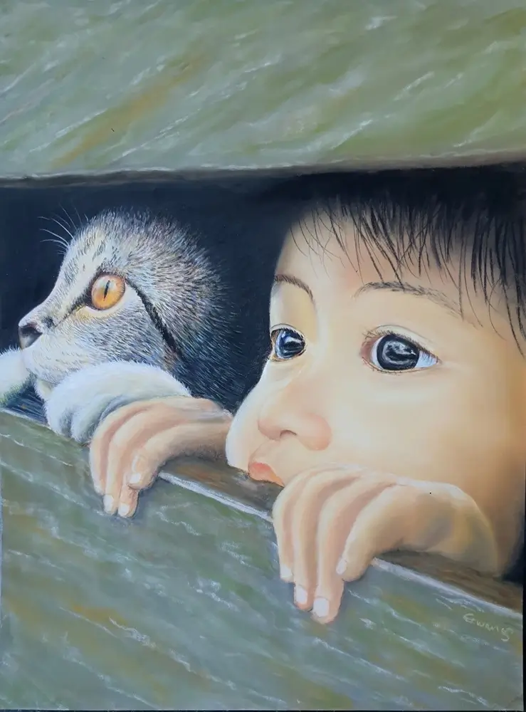 Pastel d'un enfant et de son chat