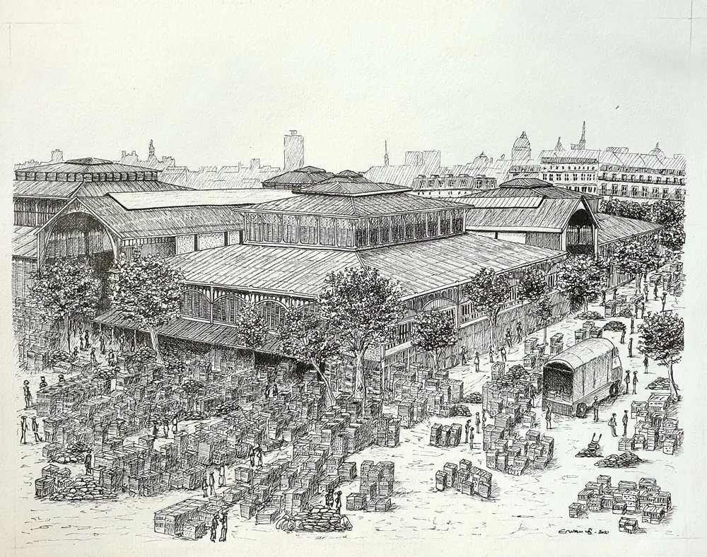 Les halles à Paris, encre de chine