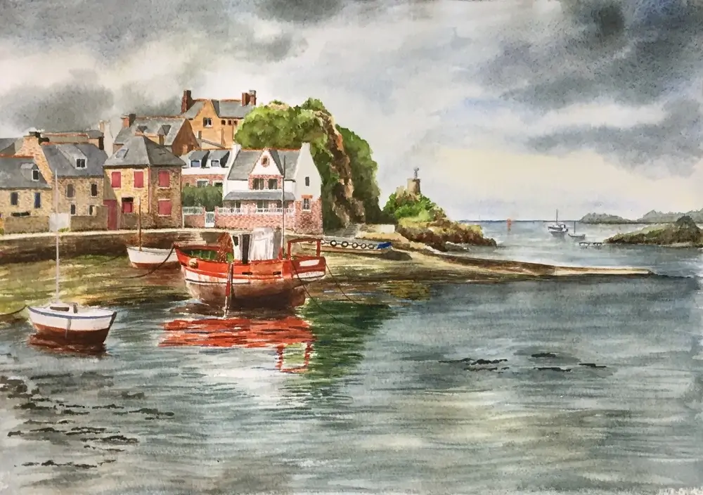 Aquarelle port de Loguivy après l'orage