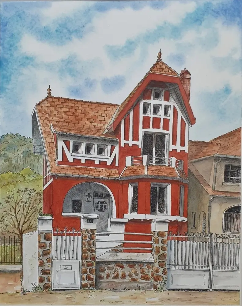 Aquarelle maison rouge à Buc
