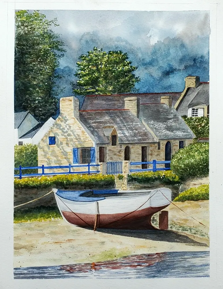 Aquarelle du port du vieux passage à Plouhinec