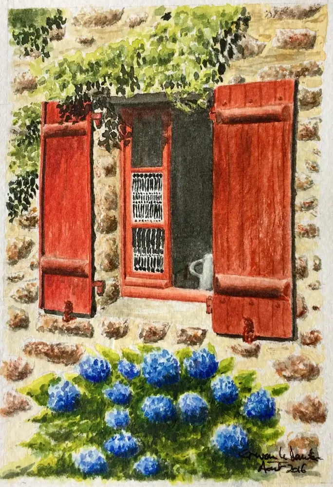 aquarelle maison aux volets rouges