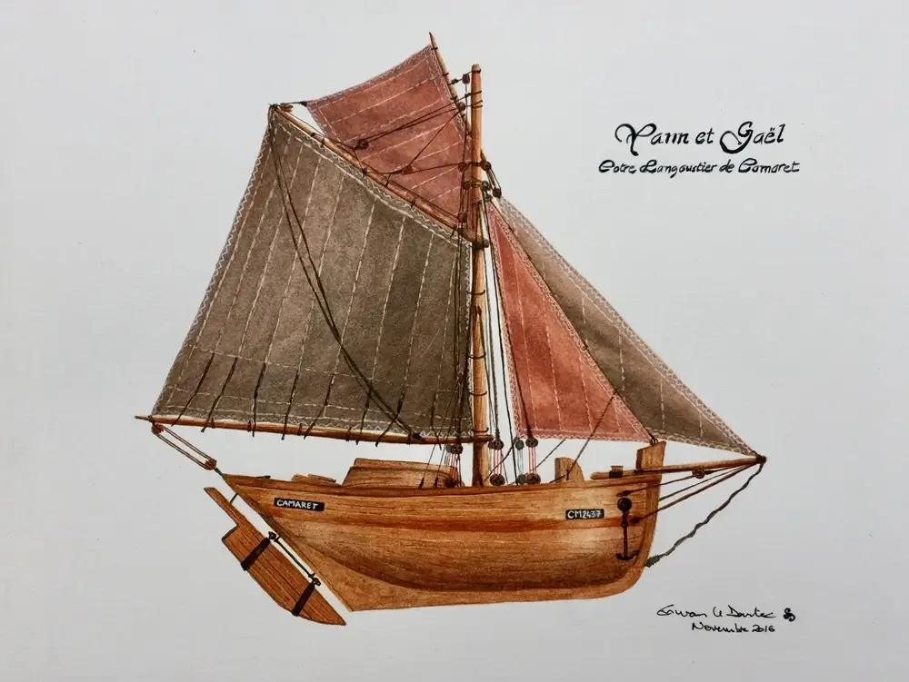 Aquarelle Yann et Gael, cotre langoustier de Camaret