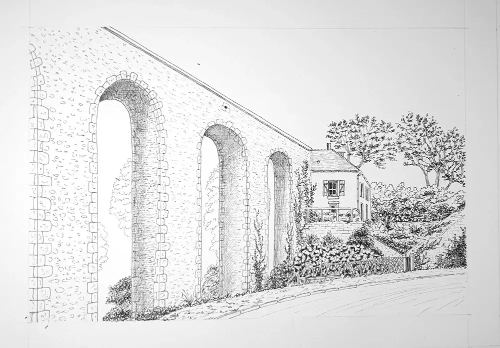 Dessin encre de chine des arcades de Buc