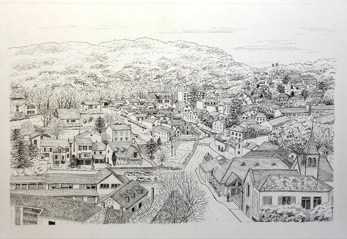 Encre de chine finalisée de Buc village vue du haut Buc