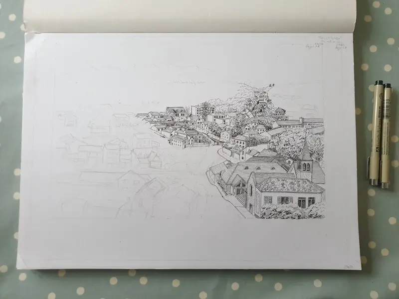 En cours du dessin de Buc village à l'encre de chine