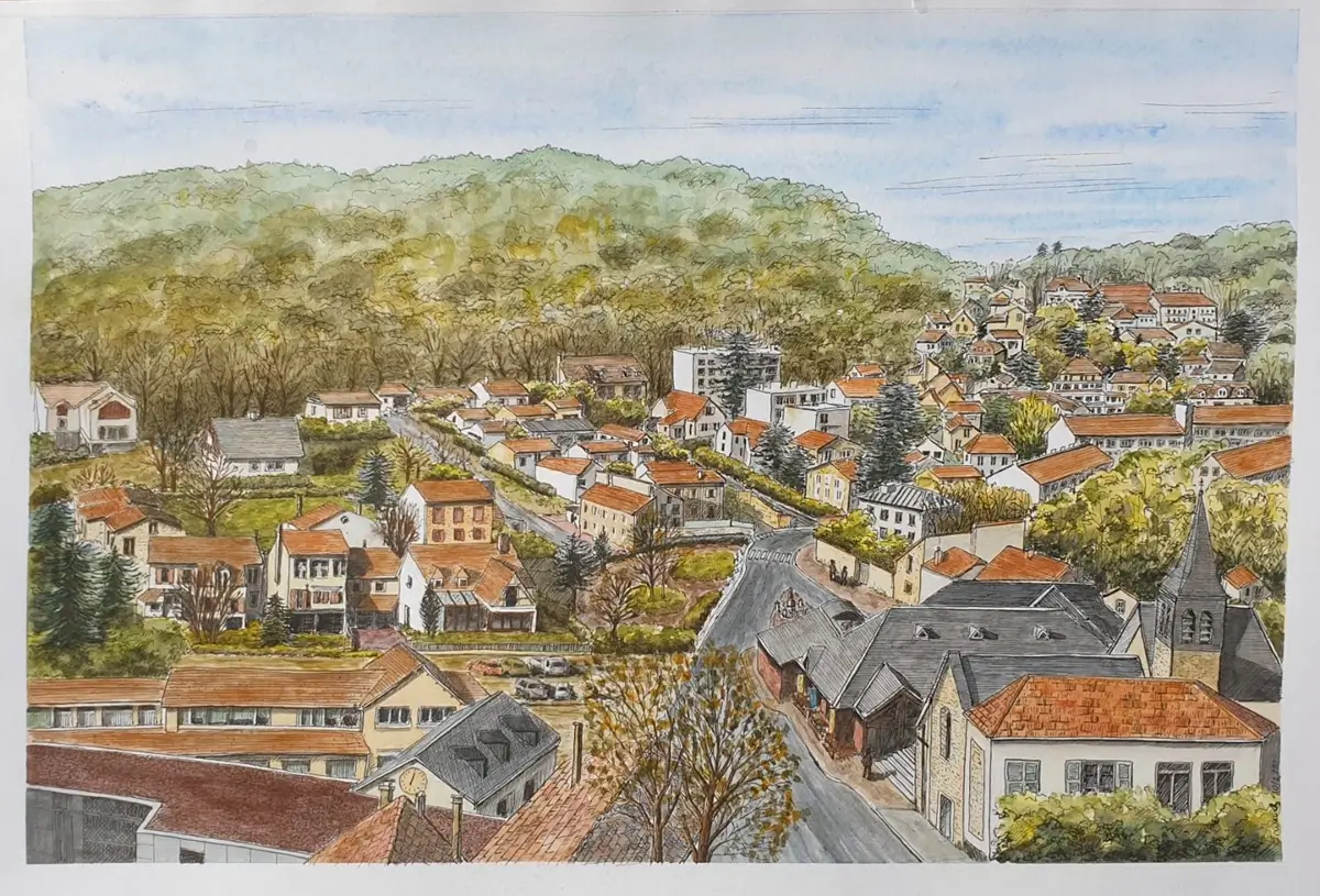Buc vue du Haut Buc, aquarellée