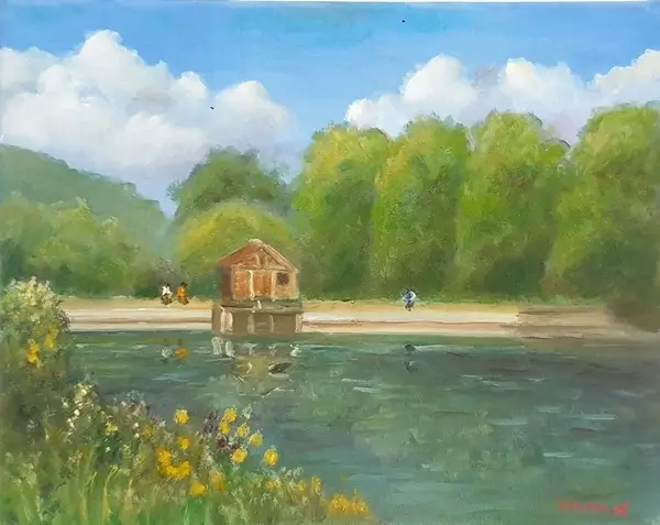 Peinture à l'huile du barrage sur l'étang de la Geneste à Buc