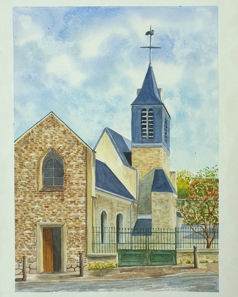 Aquarelle de l'eglise de Buc vue de la mairie