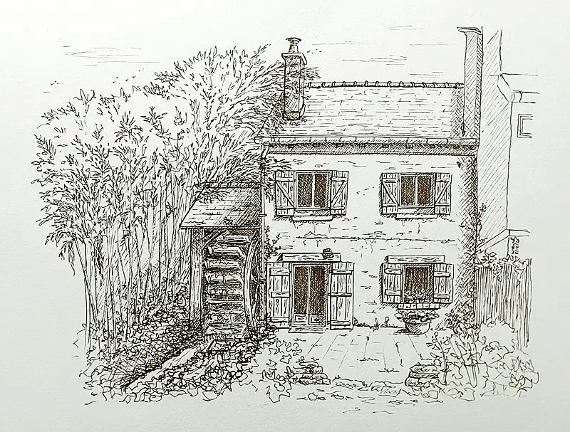 Encre de chine maison bord de Bievre avec roue à aube