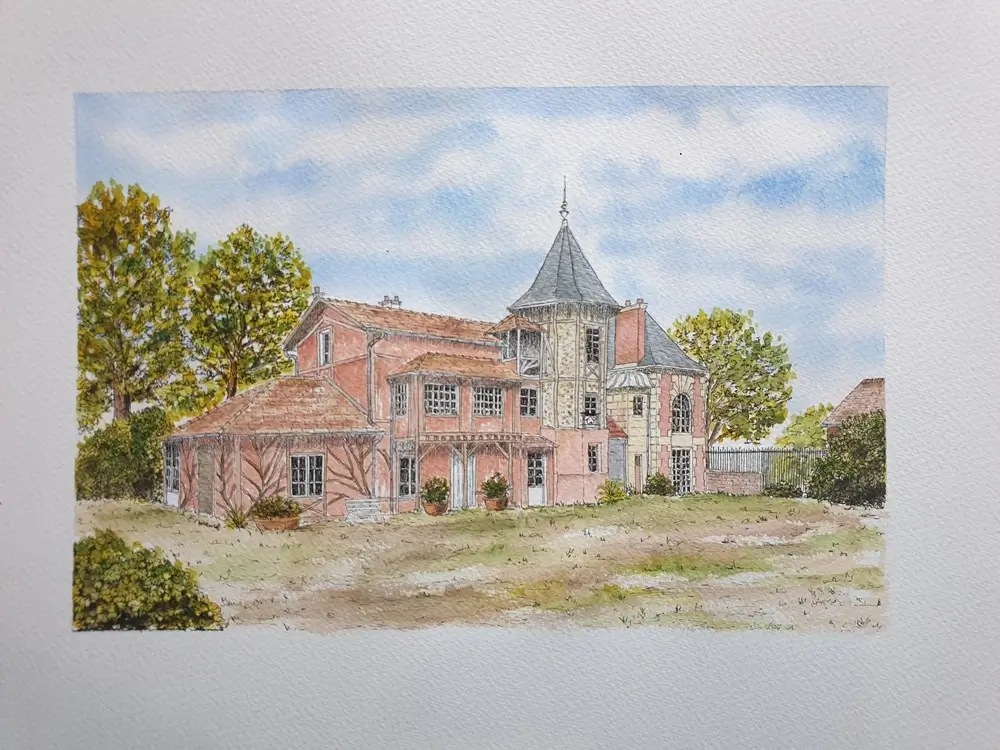 Encre de chine aquarellée de la maison Blériot à Buc