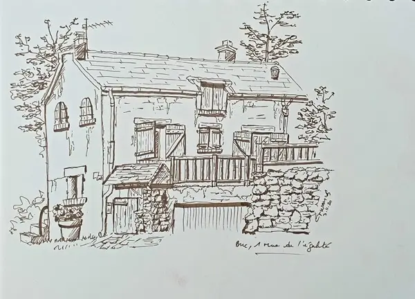 Dessin encre de chine maison rue du cimetière à Buc
