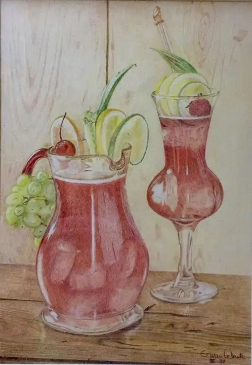 Dessin aux crayons couleurs d'un pichet de jus de fruit