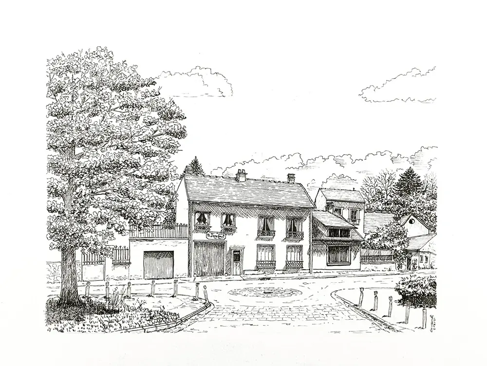 Dessin encre de chine de la place de la république à Buc