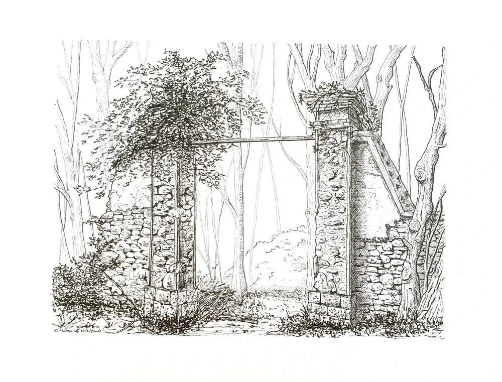 Dessin encre de chine de la porte de la foret, face aux arcades de Buc