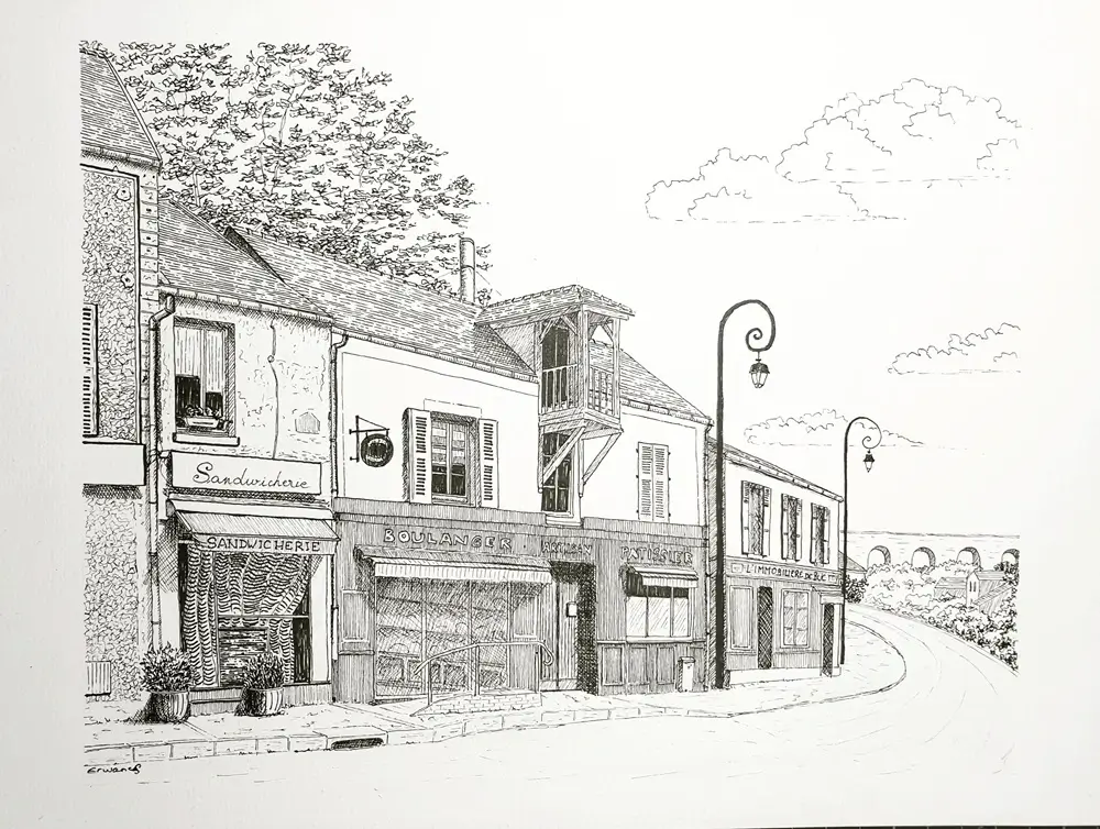 Dessin encre de chine de la rue Blériot à Buc centré sur la boulangerie Bachelet