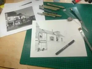 Table de travail avec dessin rue Bleriot en cours