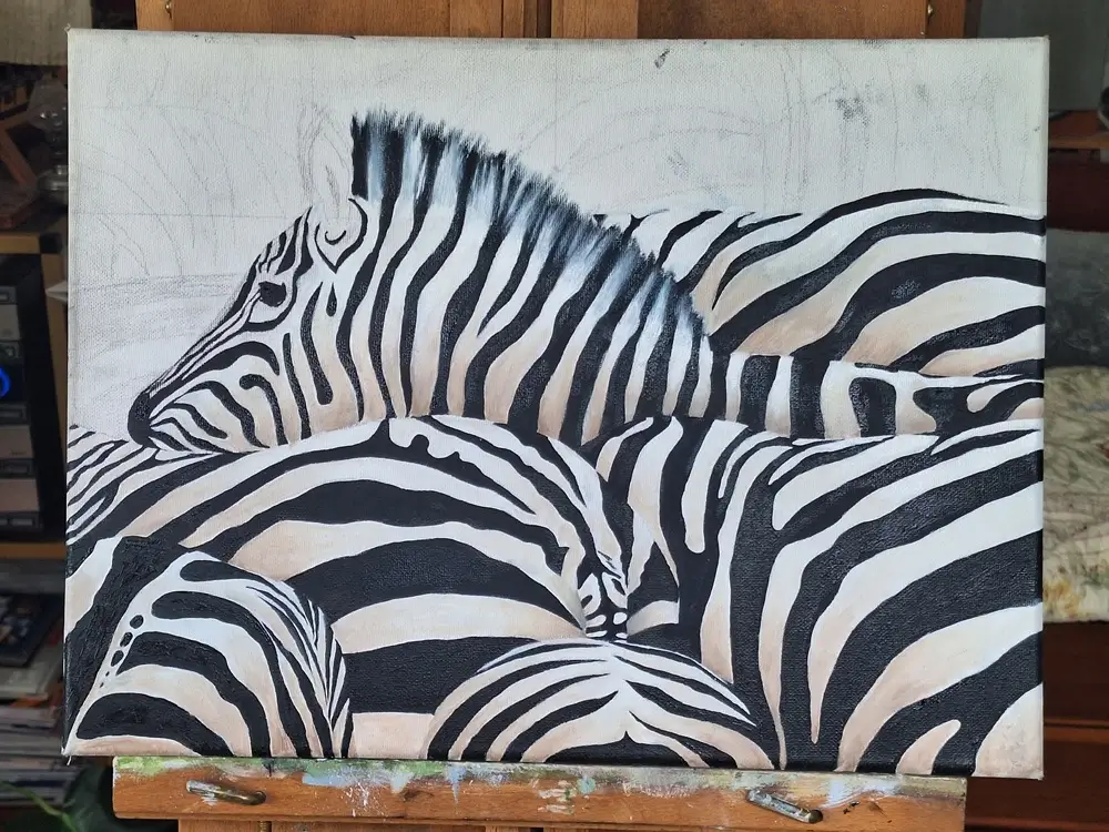 En cours de peinture à l'huile, zebres etape 2