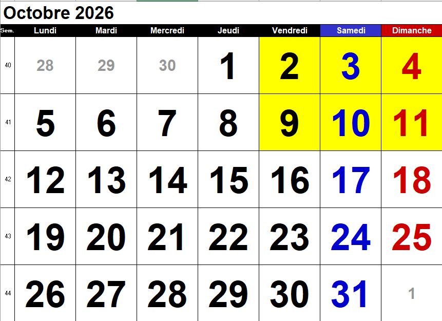 Calendrier mensuel Octobre 2026